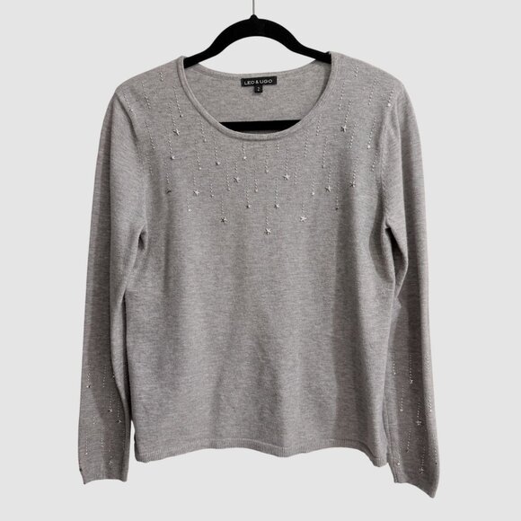 Leo & Ugo Gray Long Sleeve Silver Star Embellished Crew Neck Sweater Size M - Picture 1 of 7